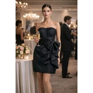 Vtg AJ Bari Strapless Black Cocktail Dress Embellished Bow Mini 80s Eveningwear